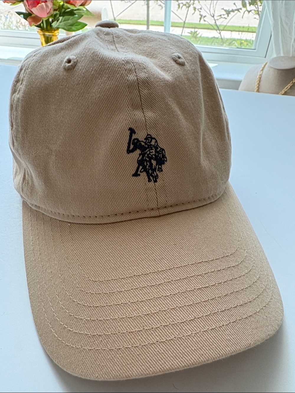 Men's Casual Tan Baseball Cap with Blue Embroidered Logo NWT